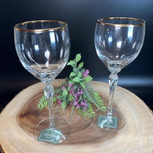 Lenox Monroe Crystal Wine Glasses Gold Rimmed Twisted Stem Original Stickers 2 Pc Set US Made Vintage 1990s Barware Service Additions