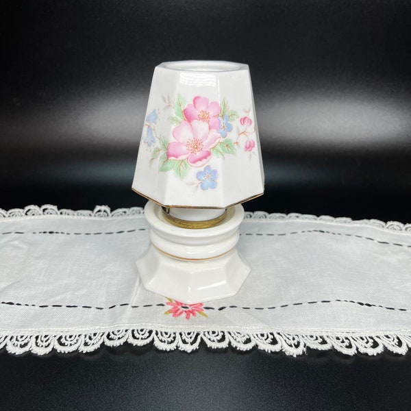 Porcelain Fairy Light Bone China Candle Lamp Pink Blue & Green Floral Shade Gold Accent Vintage 1980's Votive Holder Cottage Farmhouse Decor
