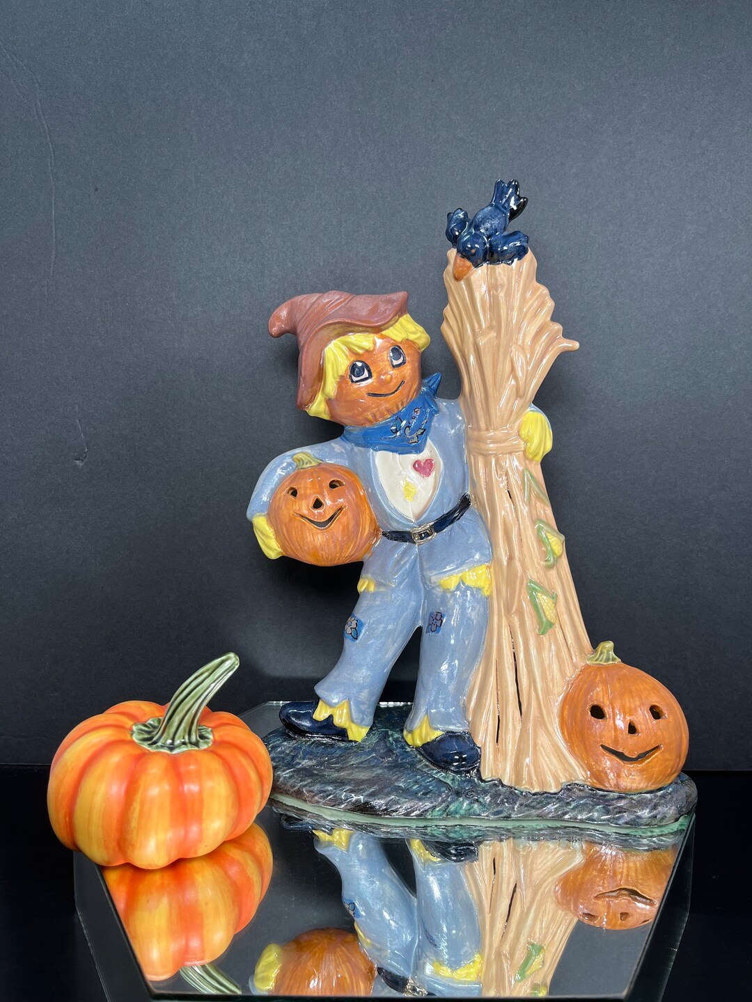 Ceramic Scarecrow Jack 'o Lanterns Crow Haystack Figurine Vintage