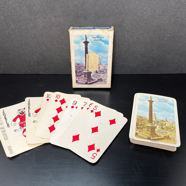 Vintage Plastic Coated Playing Cards Trafalgar Square Print London England Souvenir 1950s - 1960s Previously Used Original Packaging Games