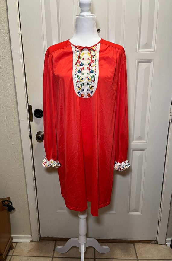 Vanity Fair Red Long Sleeve Nylon Sleep Shirt Sca… - image 1
