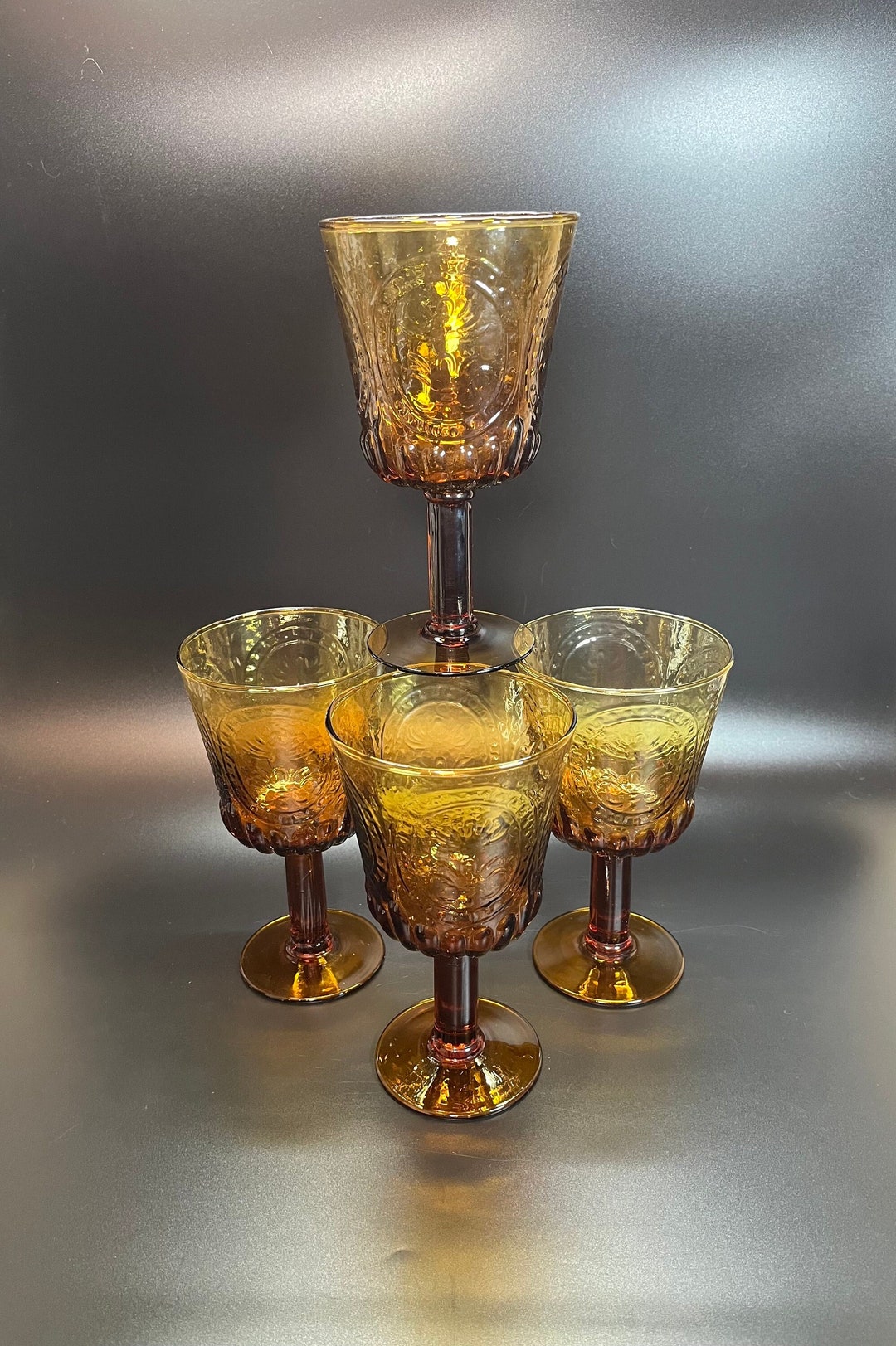 Amber Glass Stemmed Goblets Water Tea Glasses 4 Pc Set Fleur De Lis ...