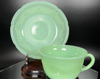 Fire King Jadeite Tea Cup and Saucer Set 1940's Alice Pattern Vintage Glass MCM Farmhouse Cottage Collectible Replacements Gift Set 2