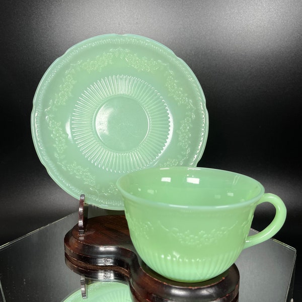 Fire King Jadeite Tea Cup and Saucer Set 1940's Alice Pattern Vintage Glass MCM Farmhouse Cottage Collectible Replacements Gift Set 2