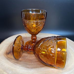 Tiara Amber Sandwich Glass Footed Wine Glasses or Water Goblets 2 Pc Set Vintage 70s - 80s Barware Drinkware Service Additions Replacements