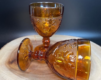 Vintage Amber Sandwich Glass Goblets - Tiara Barware Set