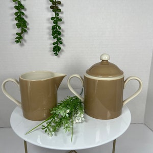 1978 Fitz and Floyd Rondelet Creamer and Sugar Set Taupe White Vintage Retro MCM Cottage BoHo Farmhouse Contemporary