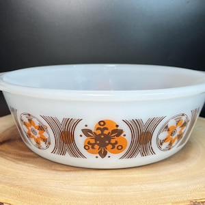 Vintage Glasbake Milk Glass Casserole: Brown Orange Flower Print, 2 Qt Boho Kitchen