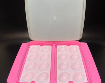 Tupperware Pink Deviled Egg Tray 723 Travel Container Sheer Lid 722 Removeable 8 Slot Trays 665 Vintage 1980's-90's Kitchen Food Storage