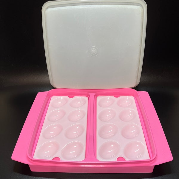 Tupperware Pink Deviled Egg Tray 723 Travel Container Sheer Lid 722 Removeable 8 Slot Trays 665 Vintage 1980's-90's Kitchen Food Storage