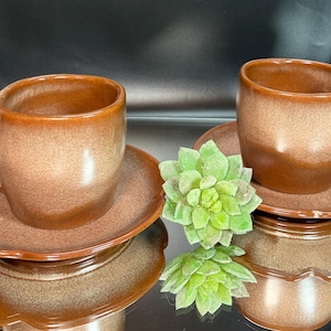 May include: Two brown ceramic coffee cups and saucers with a speckled glaze. The cups have a unique handle design. A green succulent plant is placed between the cups. The set is displayed on a reflective surface.