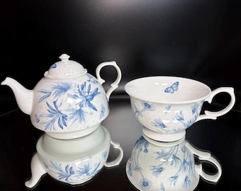 Portmeirion Botanic Blue Florals Butterfly Porcelain Stacking Individual Teapot, Lid & Cup