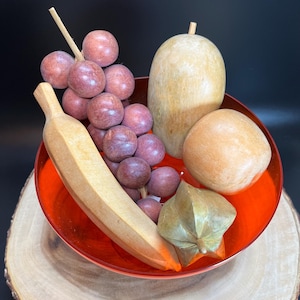 Hand Carved Wood Fruit Figurines 5 Pc Set of Grape Bunch, Banana, Mango, Star Fruit & Apple BoHo Farmhouse Vintage 1970&#39;s Décor