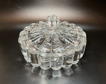 Heisey Glass Crystolite Clear Glass Covered Candy Dish Ribbed Fluted Sides Vintage 1930's-1950's Stamped Diamond H Jewelry Trinket Dish