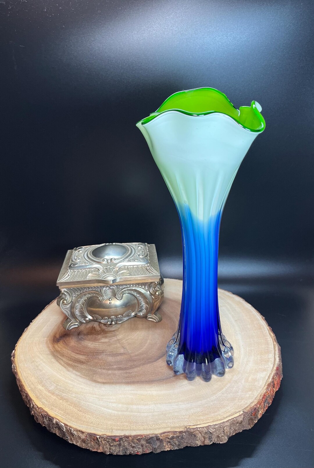 ヴィンテージアートガラス花瓶：コバルトブルー、ホワイト、ライム