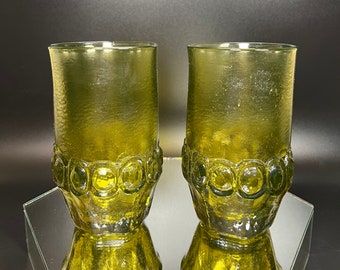 Tiffin Franciscan Madeira Olive Green Water Tea Flat Tumblers 2 Pcs Vintage Uranium Glow 1970s Kitchen Glass Cottage BoHo Farmhouse MCM