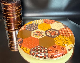 Round Lucite Trivet Brown, Yellow, Orange & Cream Patchwork Quilt Pattern