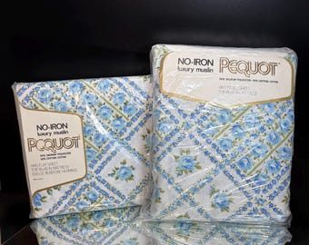 Spring Mills Pequot Blue Berkley Square King Flat & Fitted Sheet Set New Old Stock