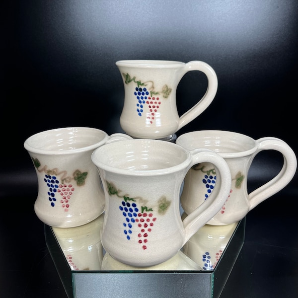 John A. Petree Pottery Hand Thrown Coffee Tea Mugs 4 Pc Set Wilburton, OK Hand Painted Grapes Leaves Artist Stamped Vintage Ceramic Cups