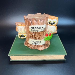 Enesco Owls Sitting on a Tree Stump Coin Bank Nobody&#39;s Perfect Savings Help Vintage 1980&#39;s Kitschy Cute Owl Lovers Gift Needs Stopper