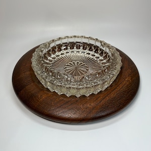 Large Round Pressed Clear Glass Cigarette Cigar Tray Quality Heirloom Wooden Ware Bowl Tray 5913 Vintage 60&#39;s-70&#39;s Tobacciana Masculine Gift