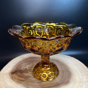 L.E. Smith Moon and Stars Honey Amber Glass Footed Bowl or Compote Vintage 1960's Decorative Fruit Bowl Candy Dish MCM Cottage Farmhouse