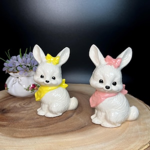 Your Choice White Porcelain Sitting Bunny Rabbit Figurine with Bow Handkerchief Pink or Yellow Easter Spring Cottage Farmhouse Country Décor
