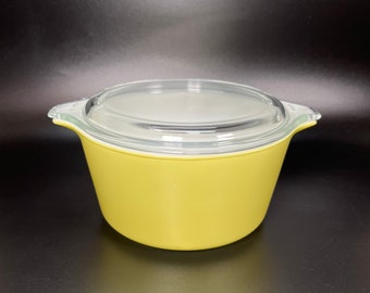 Pyrex Glass Yellow & White Casserole Dish 473 1 Quart Clear Glass Lid 470-C Ovenware Vintage Kitchen Food Storage Fridgie BoHo Farmhouse