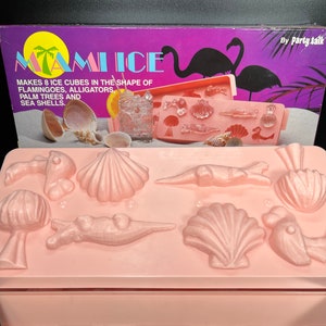 Miami Ice by Party Talk Ice Cube Tray 3D Ice Cube Maker of Flamingos Alligators Palm Trees & Sea Shells Vintage Barware Nautical Ice Mold