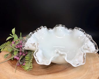 Vintage Fenton Silver Crest White Glass Decorative Bowl Ruffled Crimpled Rim with Clear Edge