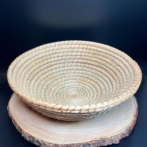 Hand Woven Coiled Grass Basket 11&quot; W Vintage Fruit Bowl or Catch All Hand Crafted All Natural Rustic Primitive Decorative Bowl