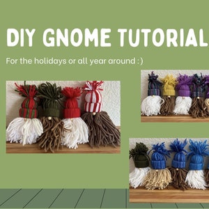 以下が含まれることがあります： さまざまな色の帽子とあごひげをつけたノームのコレクションで、DIYノームのチュートリアルです。ノームは糸で作られており、木製の土台があります。