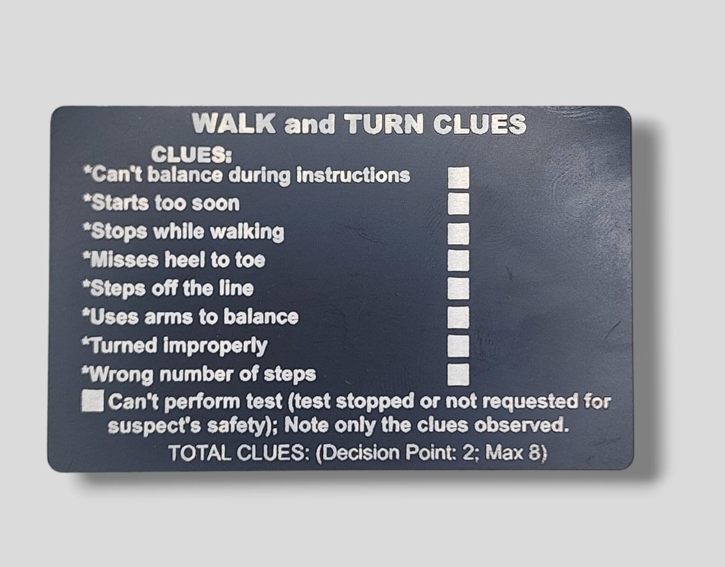 Metal NHTSA SFST Checklist Cards Walk and Turn, Hgn, One Leg Stand, Law
