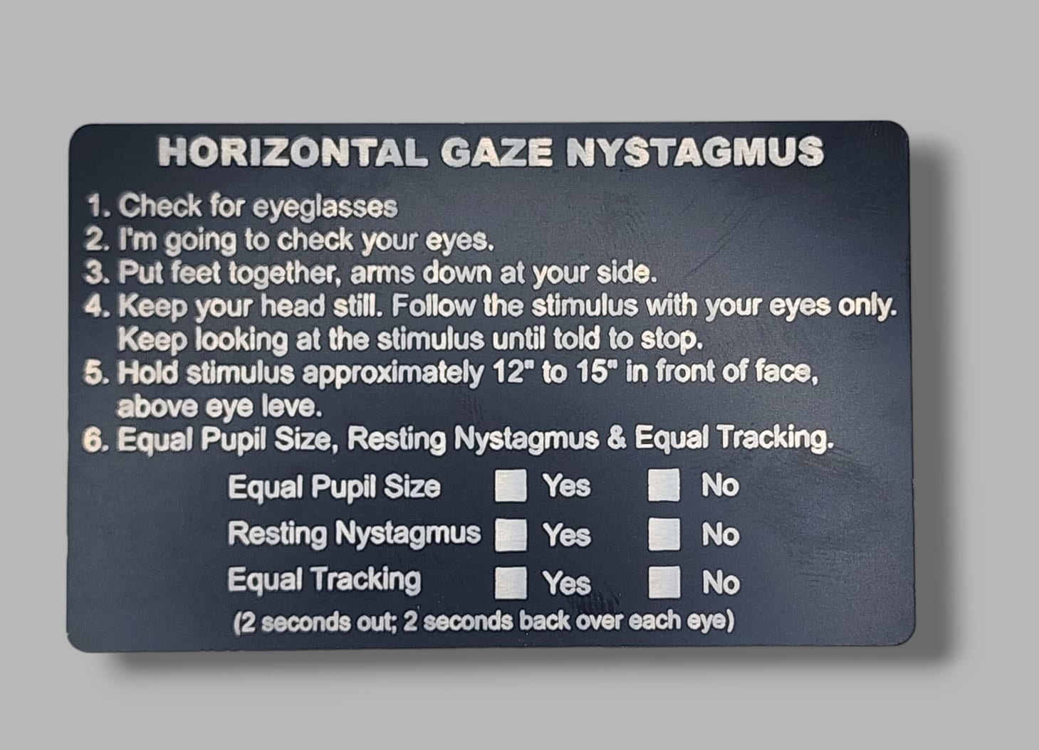 Metal NHTSA SFST Checklist Cards Walk and Turn, Hgn, One Leg Stand, Law
