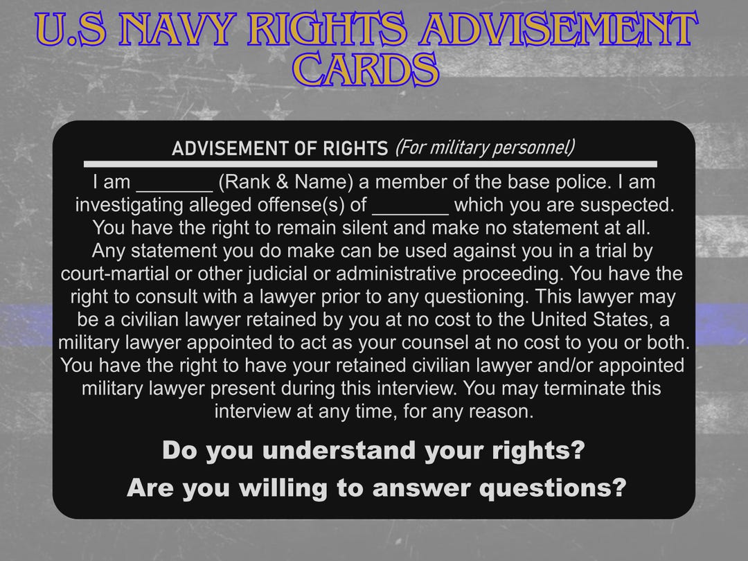 US Navy Rights Advisement Card - Navy, Rights Card, Rights Advisement ...