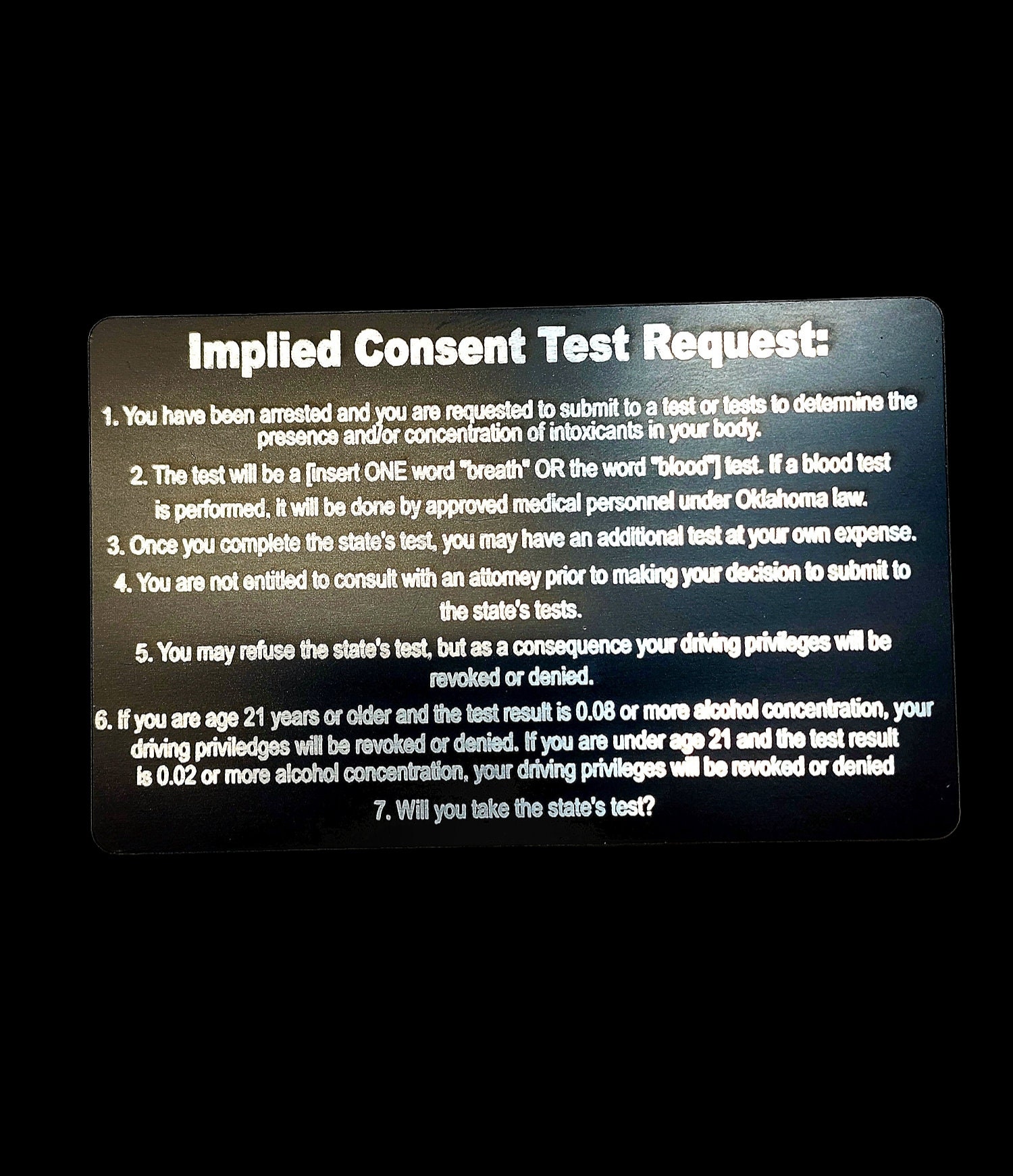 Oklahoma Spanish/english Implied Consent Card Oklahoma, Law Enforcement