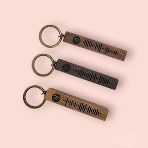 May include: Three wooden keychains with Spotify codes and bronze-colored key rings. The keychains are rectangular, with a dark brown, medium brown, and light brown finish. The Spotify logo is visible on each keychain.