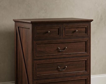 Dark Walnut 5 Drawer Dresser, Rustic Farmhouse Chest of Drawers, Bedroom Storage Cabinet