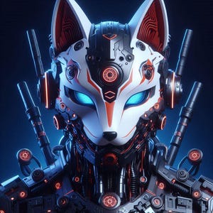 Peut inclure: Un masque de renard robotique blanc et rouge avec des yeux bleus brillants. Le masque fait partie d'une plus grande figure robotique avec des accents noirs et rouges.