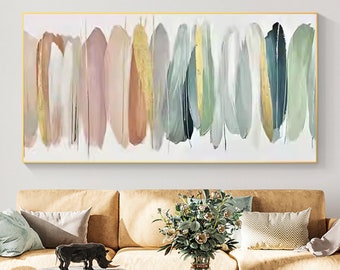 Abstract Colorful Oil Painting on Canvas, Original Feather Acrylic Painting, Modern Minimalist Art, Large Wall Art, Living Room Home Decor