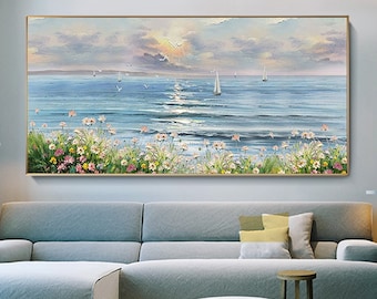Large Sunrise Seascape Oil Painting On Canvas, Original Ocean Scenery Acrylic Painting, Abstract Sailboat Art, Living Room Home Wall Decor