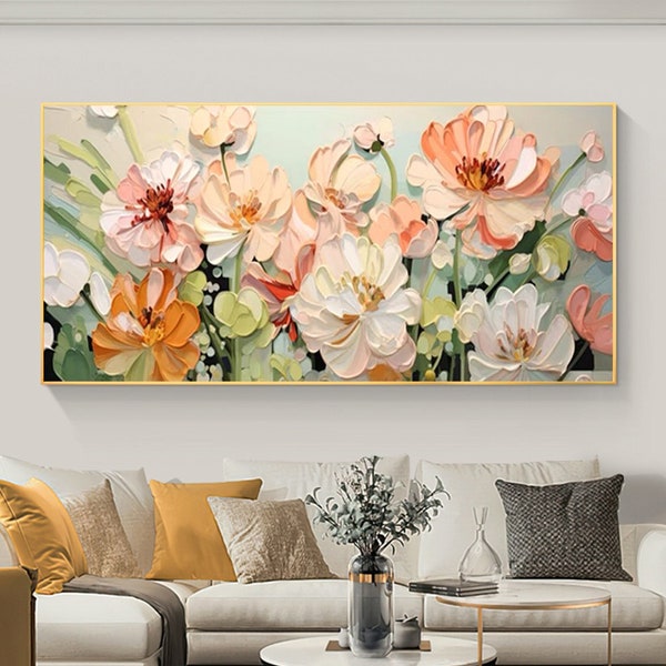 Grande peinture de fleurs colorées originales sur toile, peinture de fleurs abstraites, peinture florale en fleurs, décoration murale de salon d’art mural Boho