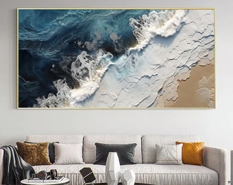 Pittura a olio astratta originale del paesaggio marino su tela, pittura del mare blu, pittura delle onde bianche dell'oceano, grande arte murale, decorazione della parete del soggiorno