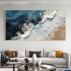 Original Abstract Seascape Oil Painting On Canvas, Blue Sea Painting, White Ocean Waves Painting, Large Wall Art, Living room Wall Decor