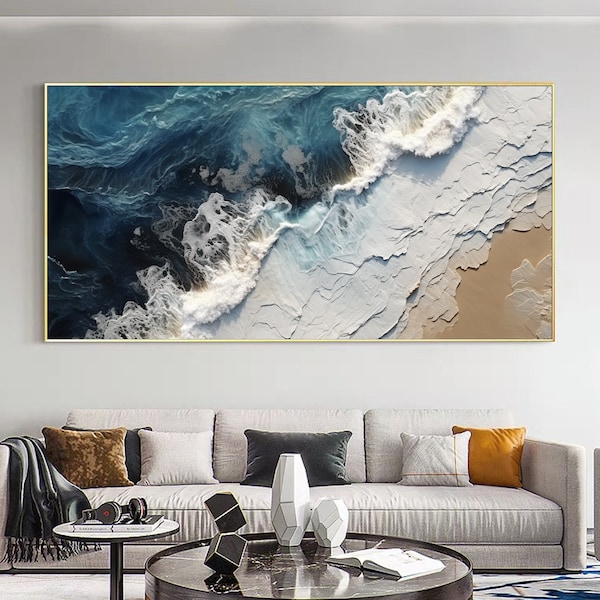 Peinture à l’huile abstraite originale de paysage marin sur toile, peinture de mer bleue, peinture de vagues d’océan blanches, grand art mural, décor mural de salon