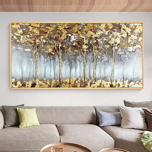 Abstract Forest oil Painting On Canvas, Modern Gold Painting, Custom Landscape Home Decor, Large Textured Wall Art, Living room Wall Decor