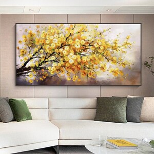 Abstract Blooming Flower Tree Oil Painting, Original Large Textured Blossom Yellow Floral Tree Canvas Painting, Living Room Wall Art Decor