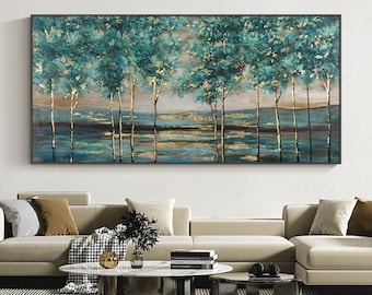 Abstract Green Forest Oil Painting on Canvas, Original Gold Foil Painting, Trees Landscape Painting, Large Wall Art, Living Room Home Decor