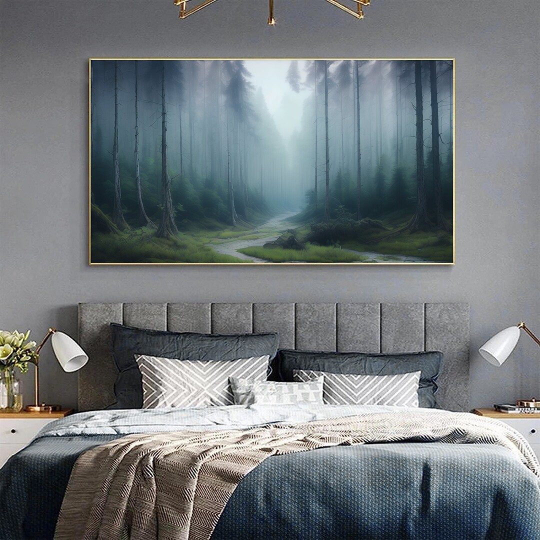 Large Original Green Forest Oil Painting on Canvas, Abstract Misty