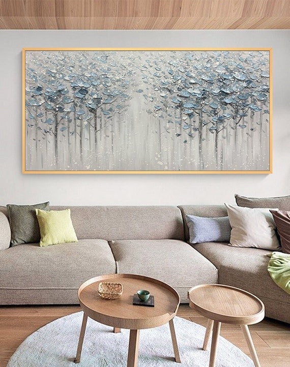Large Abstract Tree Wall Art Original Tree Painting on Canvas Blue Grey Wall  Art Textured Wall Art Abstract Tree Painting Modern Wall Decor 
